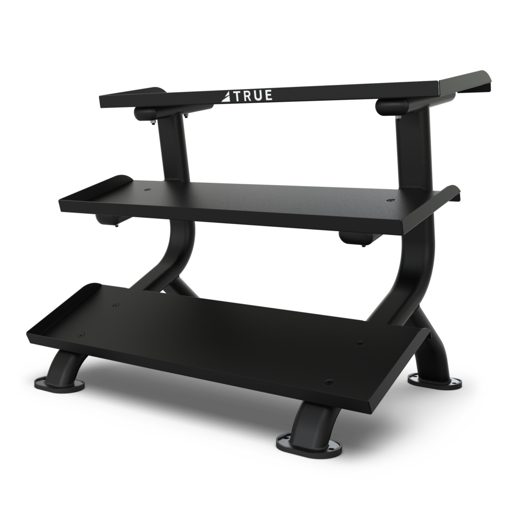 True - 3 Teir Flat Tray Dumbbell Rack Matte Rack - Final Stock TRUE Dumbell racks, power block stand, plate and bar storage, kettlebell racks, ball racks Hero-38-1024x1024
