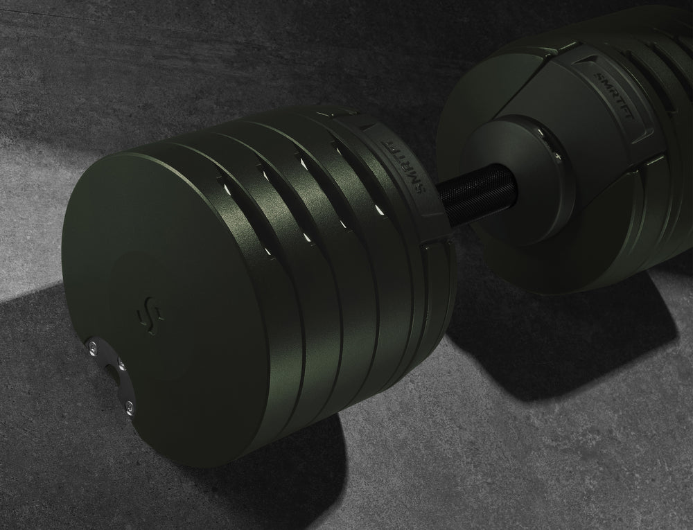 Nuobell Adjustable Dumbbell 100lb Tactical Green SMRTFT Dumbbells smrtft-adjustable-dumbbell-100lb-side