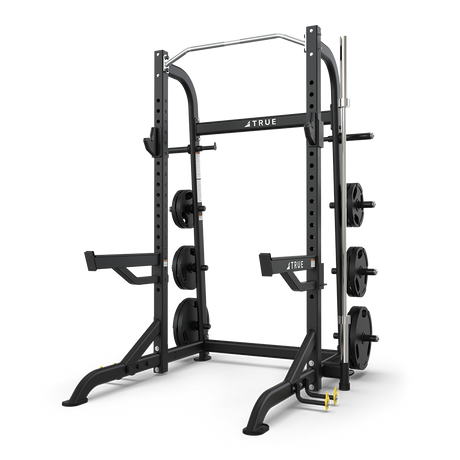 TRUE HALF RACK WITH PLATE HOLDERS MATTE BLACK - Final Stock TRUE Half rack, power rack or cage, smith, smith add-on XFW-8110-35-with-weights-and-band-pegs_960