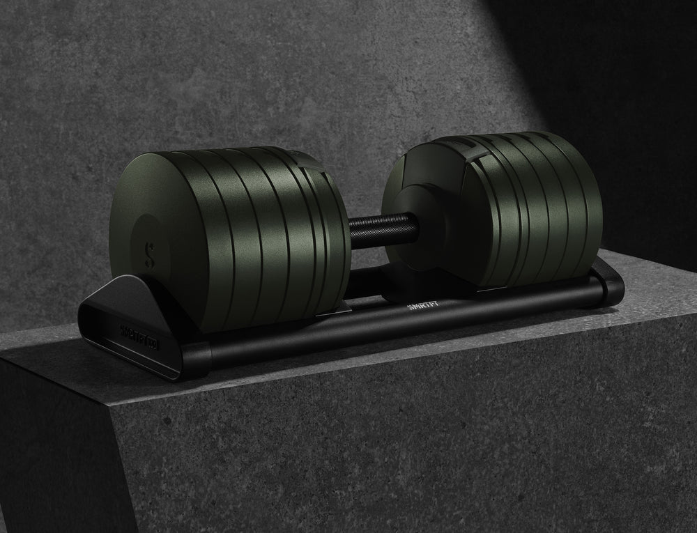 Nuobell Adjustable Dumbbell 100lb Tactical Green SMRTFT Dumbbells smrtft-adjustable-dumbbell-100lb-single-angle2