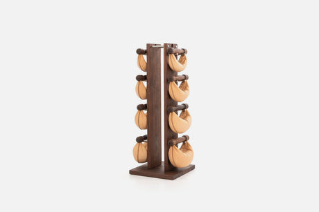 Nohrd - SwingBells Tower Walnut Natural Leather NOHrD Dumbell racks, power block stand, plate and bar storage, kettlebell racks, ball racks swing-walnut