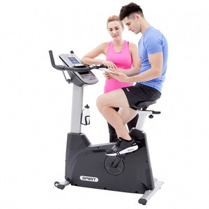 Spirit XBU55 Upright Bike side with two models app for exercise bike